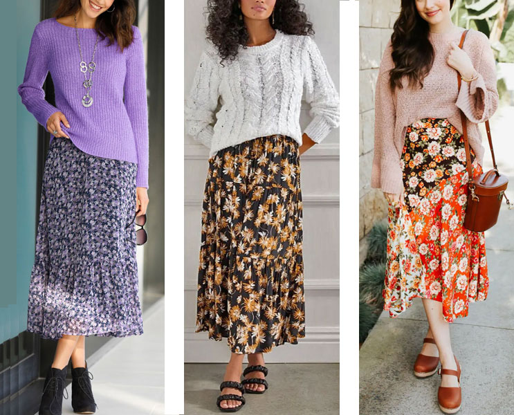 How to wear floral prints: Midi Skirt and Sweater