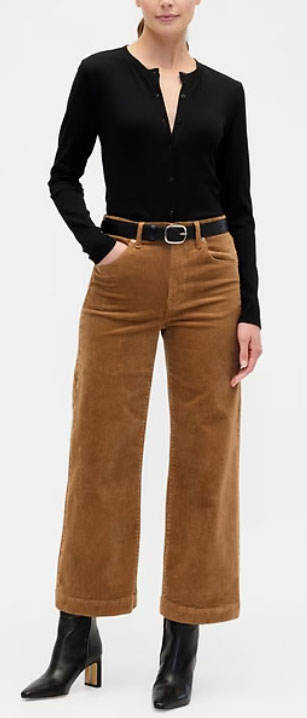 How to Create Cozy and Chic Looks: Black top and Corduroy camel Pants