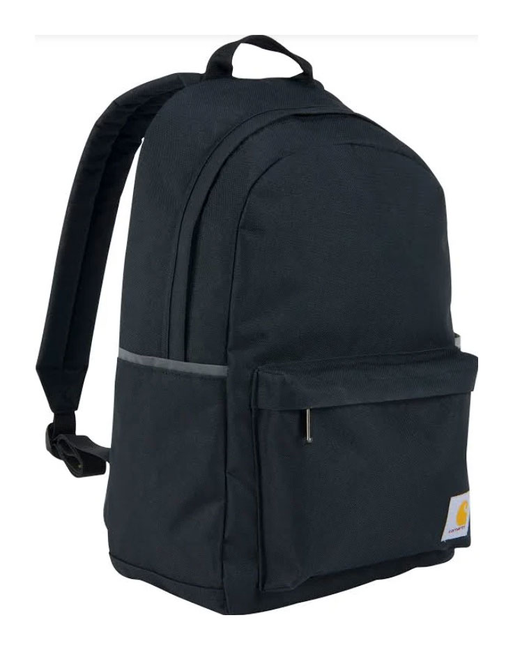 13-Backpack - Style Fix Studio Black backpack with padded shoulder straps, top handle, and front zip pocket against a white background