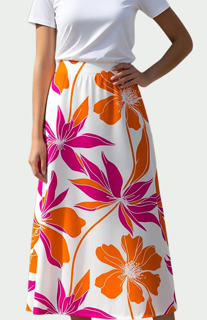 4-Summer-Skirt - Style Fix Studio Person wearing a white T-shirt and a long white skirt with bold orange and pink floral print.