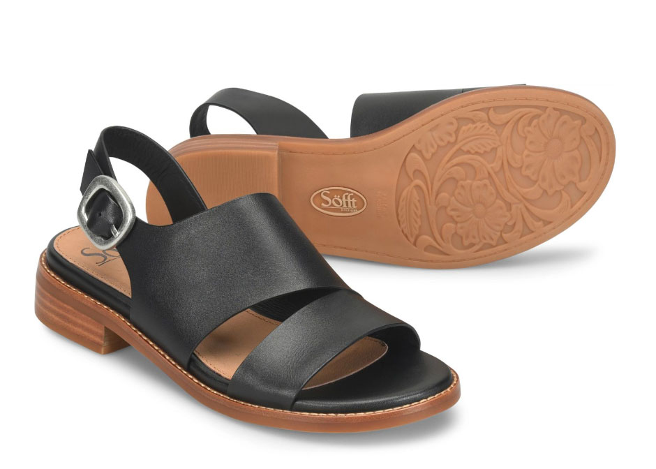 9B-Summer-Sandals - Style Fix Studio Black open-toe sandal with two wide straps and a small buckle, low wooden heel.