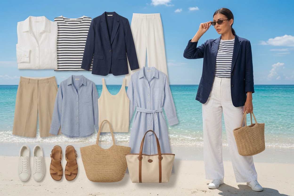 Fashion collage on a sunny beach: model in a navy blazer with stripes, white pants, and sunglasses, surrounded by summer clothes and woven bags in the sand.