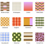 Pattern swatch titled Broken Stripes: alternating brown stripes with a pink and orange accent block on center-left, on white background.
