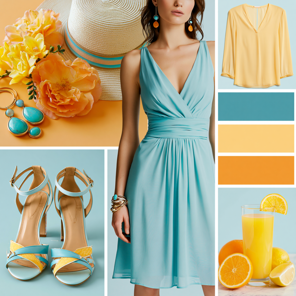 Mood board - Style Fix Studio Summer fashion collage with a turquoise dress, yellow accessories, flowers, and a glass of orange juice. (Note: concise, informative option conveying overall scene.)