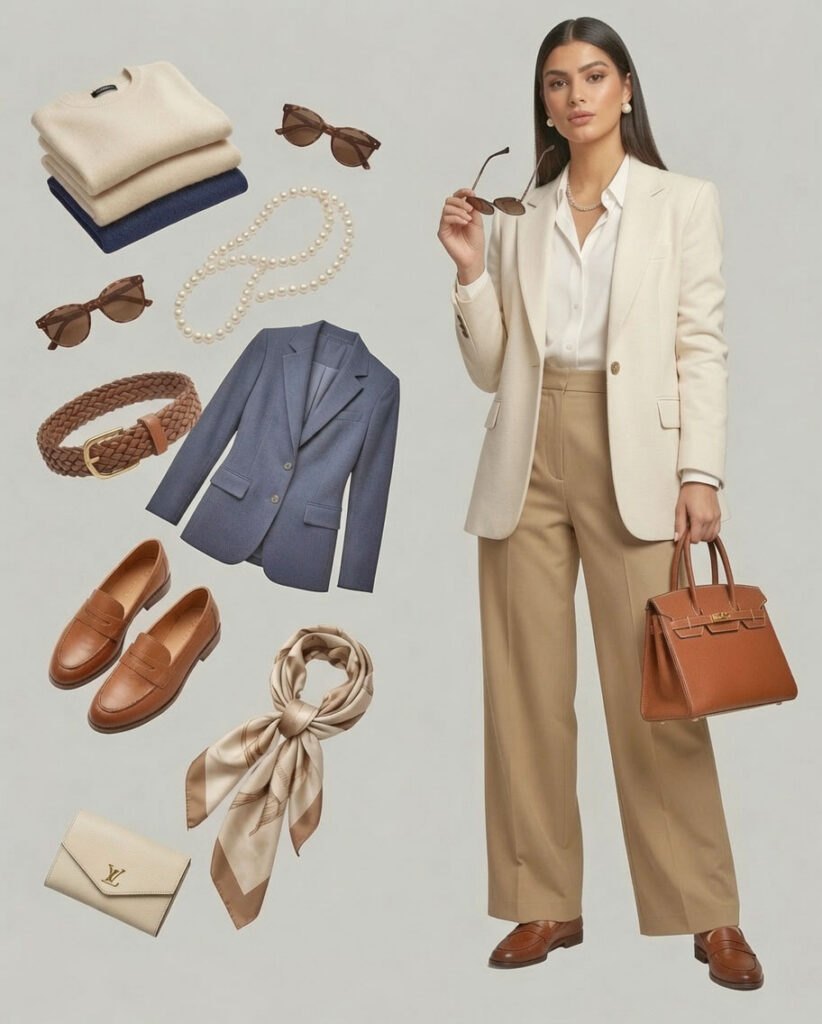 Businesswoman in a beige blazer and tan trousers, holding sunglasses; surrounded by accessories: blue blazer, brown belt, scarf, pearl necklace, loafers, tan handbag, wallet.