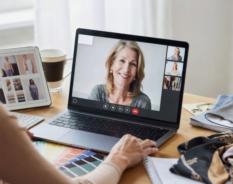 Video call on a laptop showing a smiling woman on the main screen, with fashion swatches and fabric notes on the desk nearby.