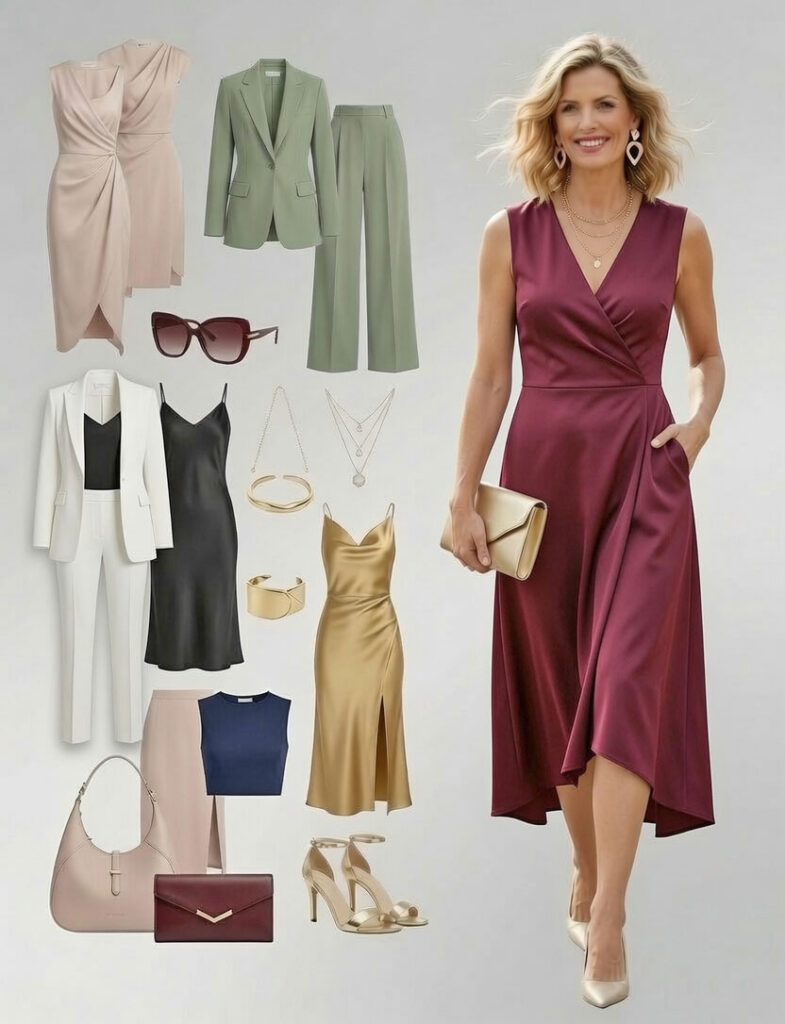 Fashion collage showing a burgundy wrap dress on a smiling woman with multiple outfit options and accessories laid out around her, for styling ideas.