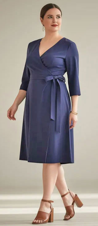 3B-Apple-Shape - Style Fix Studio Woman in a knee-length navy wrap dress with a tied belt, 3/4 sleeves, and tan block-heeled sandals standing against a light background.