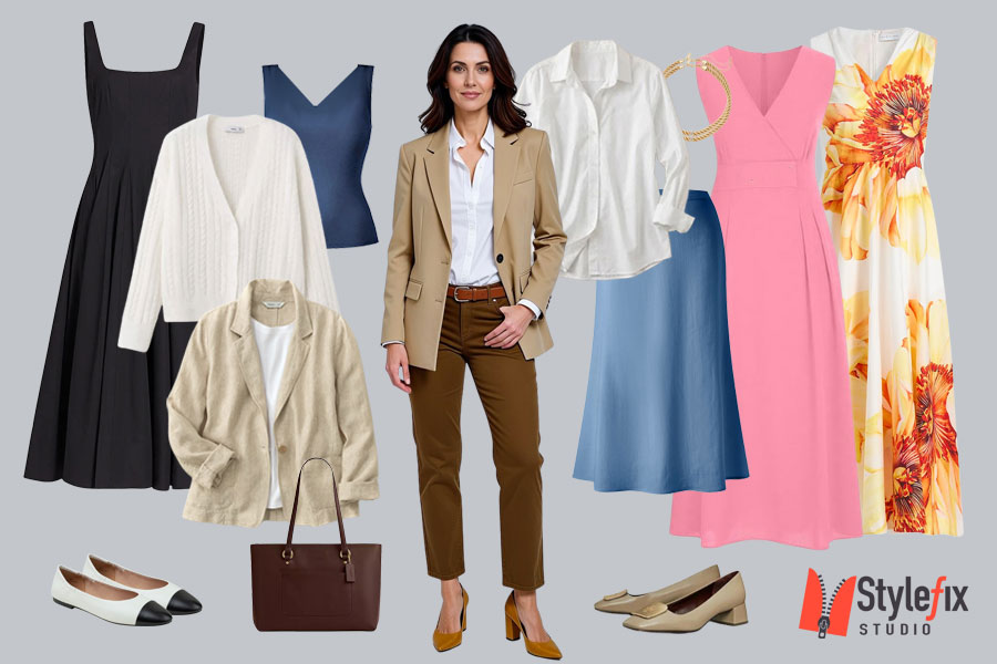 Online-Styling-Service-YF1 - Style Fix Studio Collage of women's professional outfits and accessories on a gray background: dresses, blazers, skirts, blouses, flats, heels, and a brown handbag.