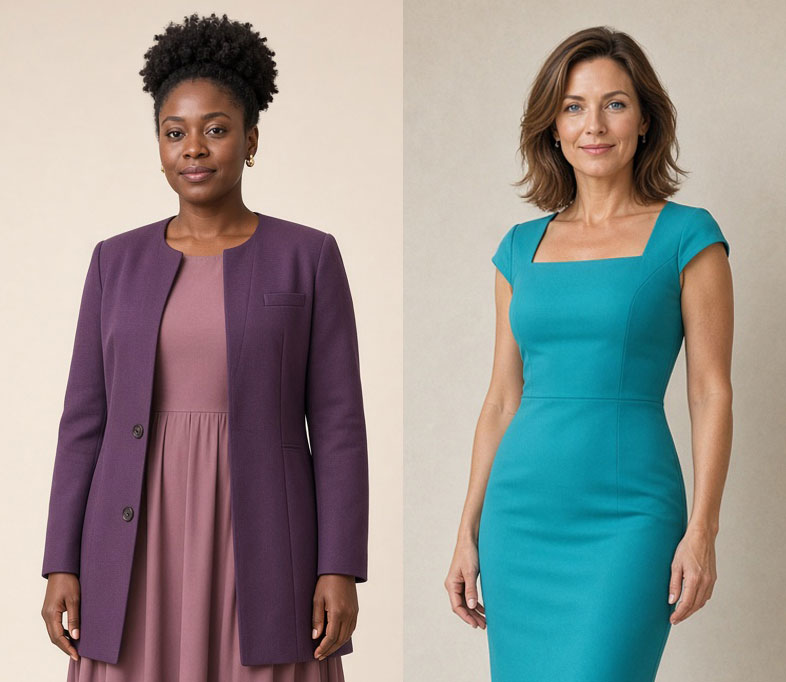 Color-Analysis---Muted-Tones - Style Fix Studio Two women modeling outfits side by side: left in a mauve dress with a purple blazer, right in a teal fitted dress.