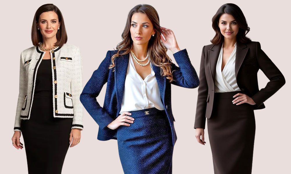 Three women modeling professional attire: cream tweed blazer over a black dress, a blue textured suit with white blouse, and a dark brown suit with a white blouse (left to right).