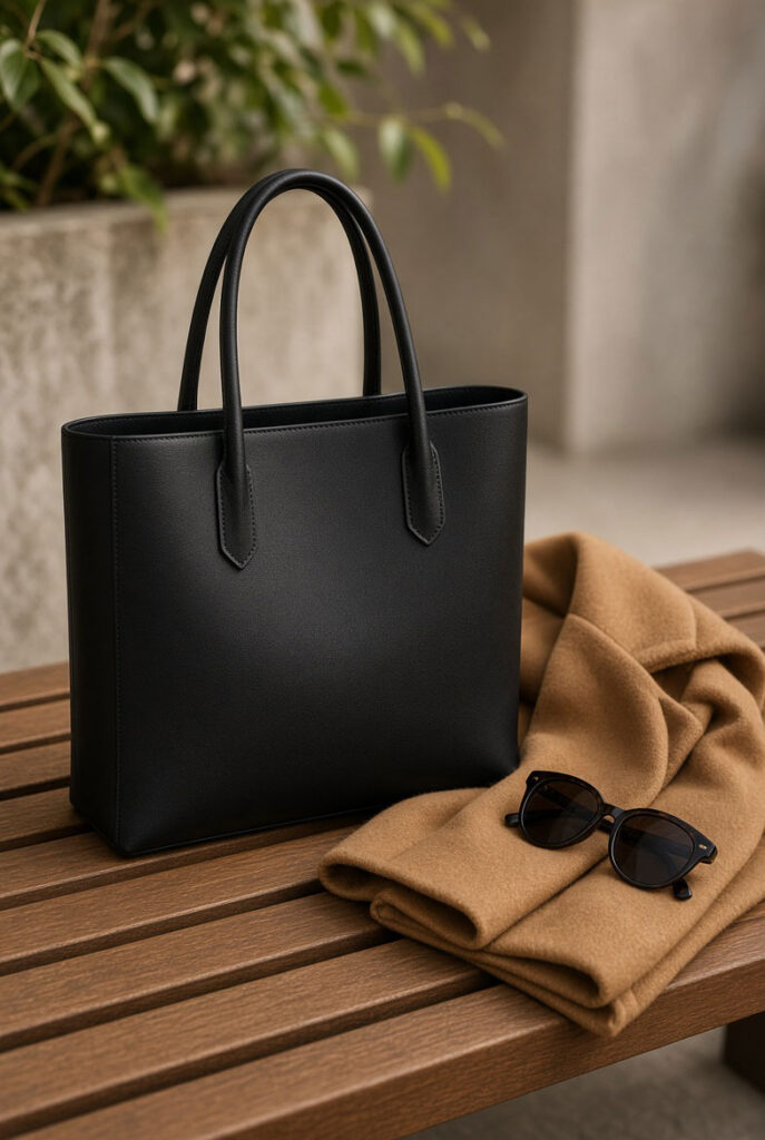 Structured black leather tote bag with a camel coat on a wooden bench - Style Fix Studio Structured black leather tote bag with a camel coat on a wooden bench