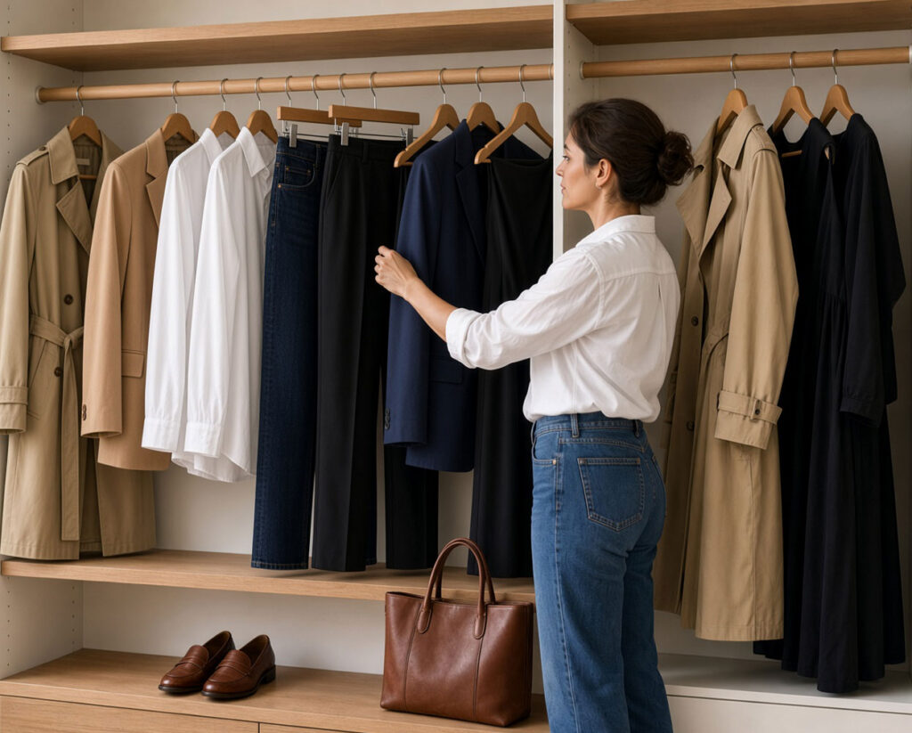 Organized closet with a curated capsule wardrobe of neutral essentials - Style Fix Studio Organized closet with a curated capsule wardrobe of neutral essentials