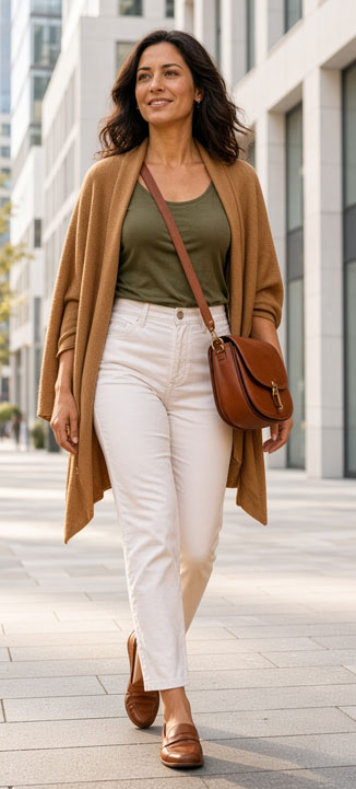 summer to fall wardrobe transition - white jeans and olive top