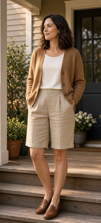 summer to fall wardrobe transition - linen shorts and cardigan