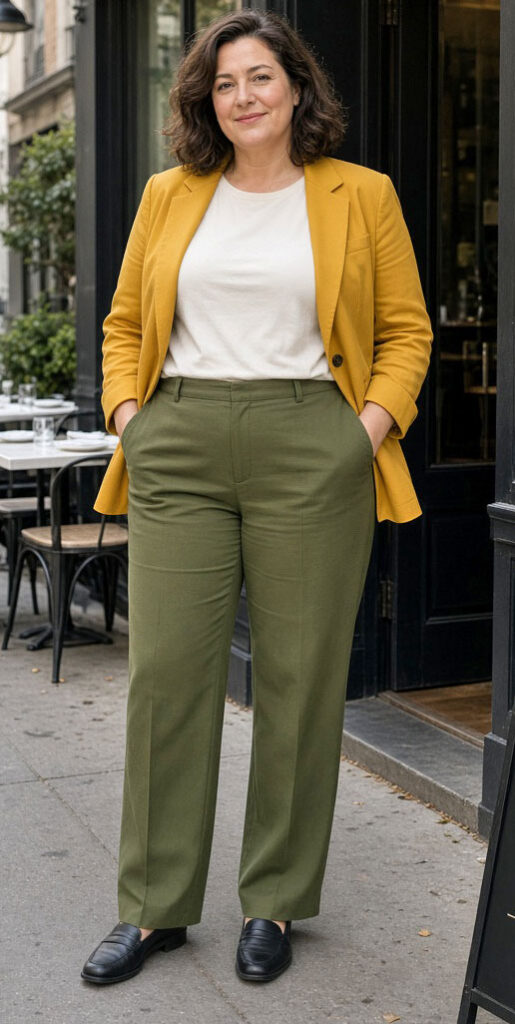 Mustard Yellow blazer paired with Moss straight-leg pants