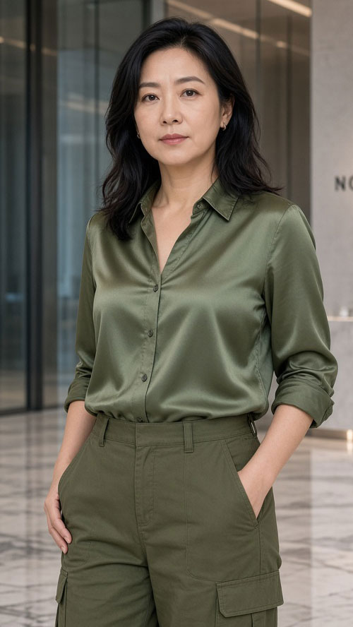 Moss green blouse paired with khaki green pants