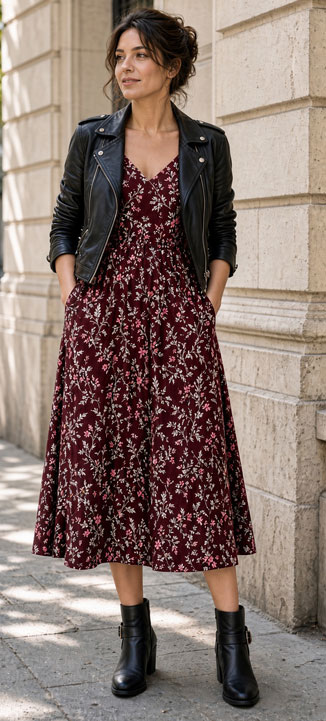 summer to fall wardrobe transition - summer dress and leather jacket