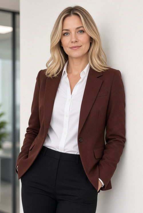 warm mahogany blazer paired with black pants