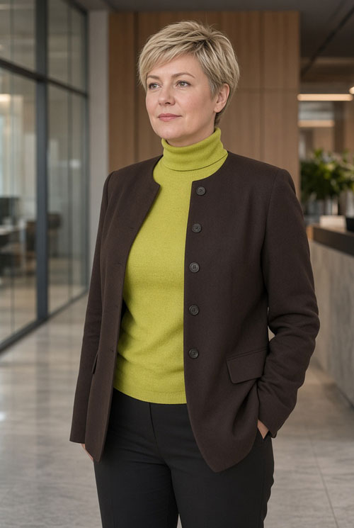 Chartreuse green turtleneck paired with chocolate brown jacket