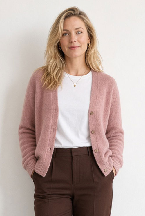 Antique Pink cardigan paired with a white tee and Warm Mahogany trousers