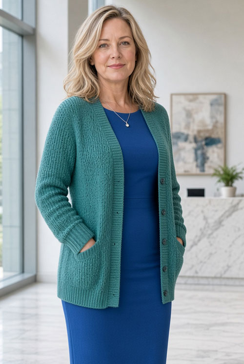 Neptune Green cardigan paired with cobalt blue dress