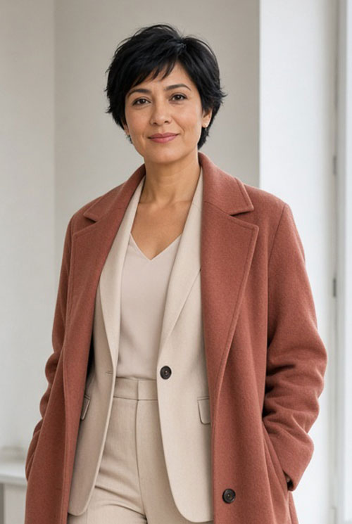 Muted Clay coat paired with creme pants suit