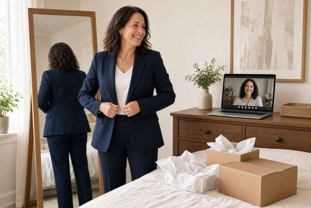 Client trying on new clothes during a virtual try-on call with her personal stylist