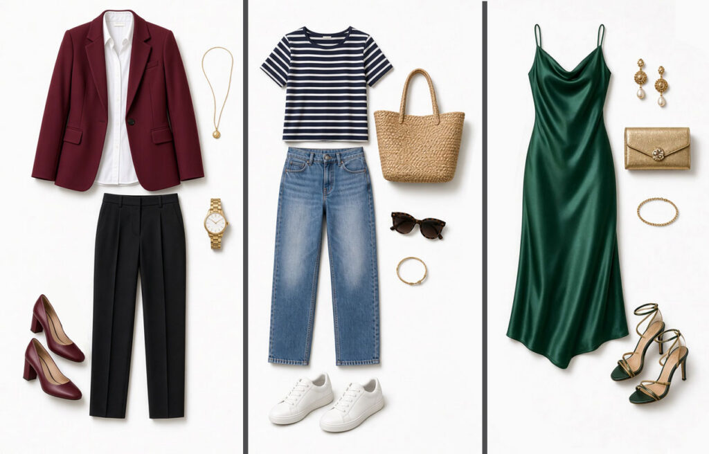 Three curated outfits for work, weekend, and evening laid out by a personal stylist
