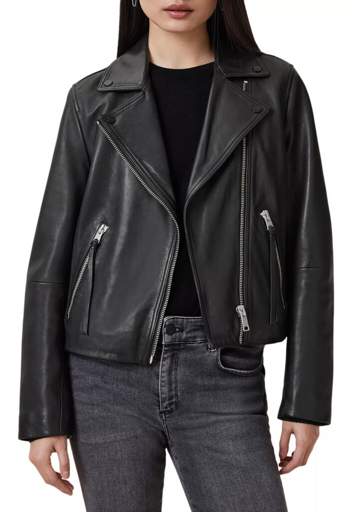 Woman in a black leather moto jacket, black tee, and jeans - Style Fix Studio Woman in a black leather moto jacket, black tee, and jeans