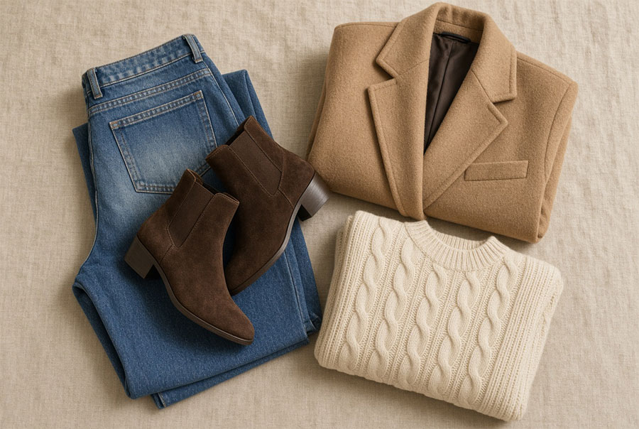 Outfit with jeans, sweater, coat and ankle boots