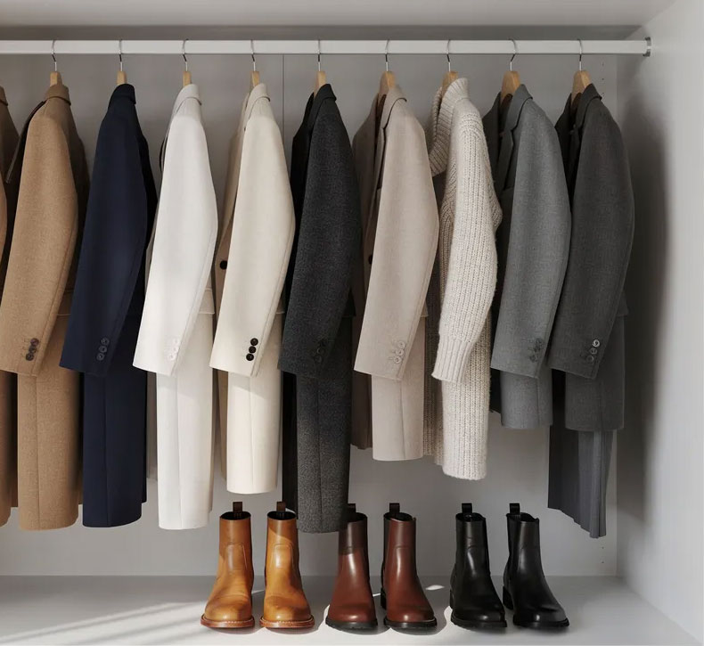 Curated neutral closet quiet luxury - Style Fix Studio Curated neutral closet with space between garments, grouped in camel, navy, charcoal, and cream